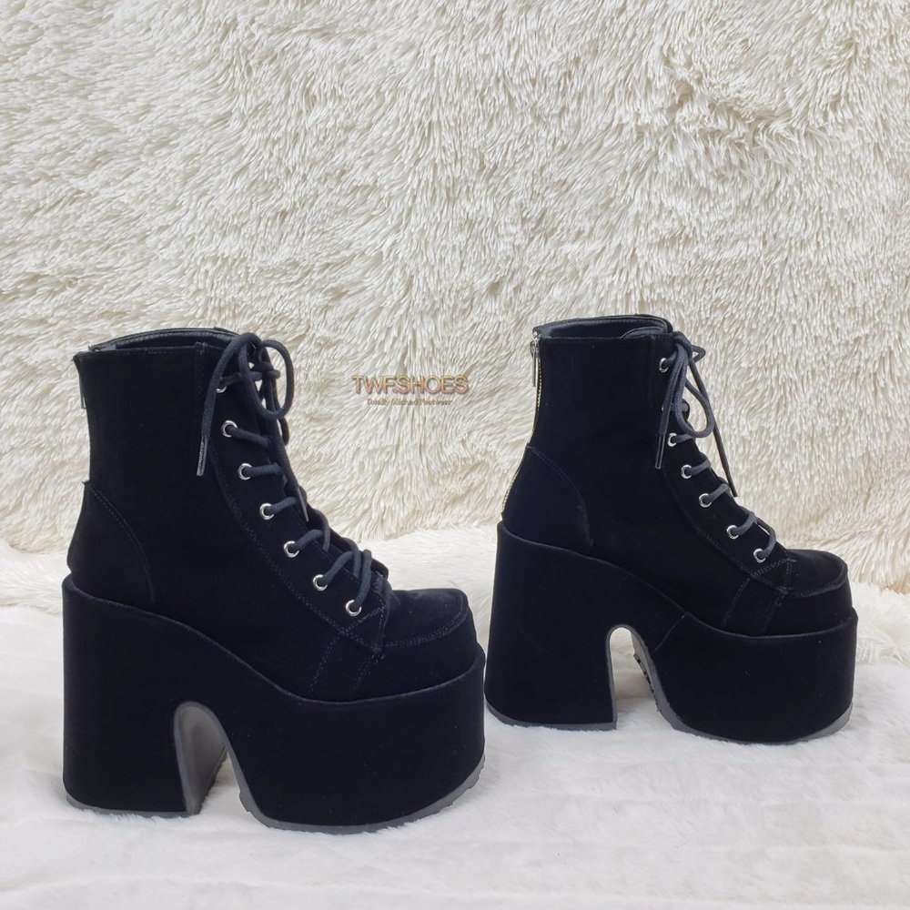 Black Velvet Platform Goth Punk Ankle Boots - Picture 11 of 15